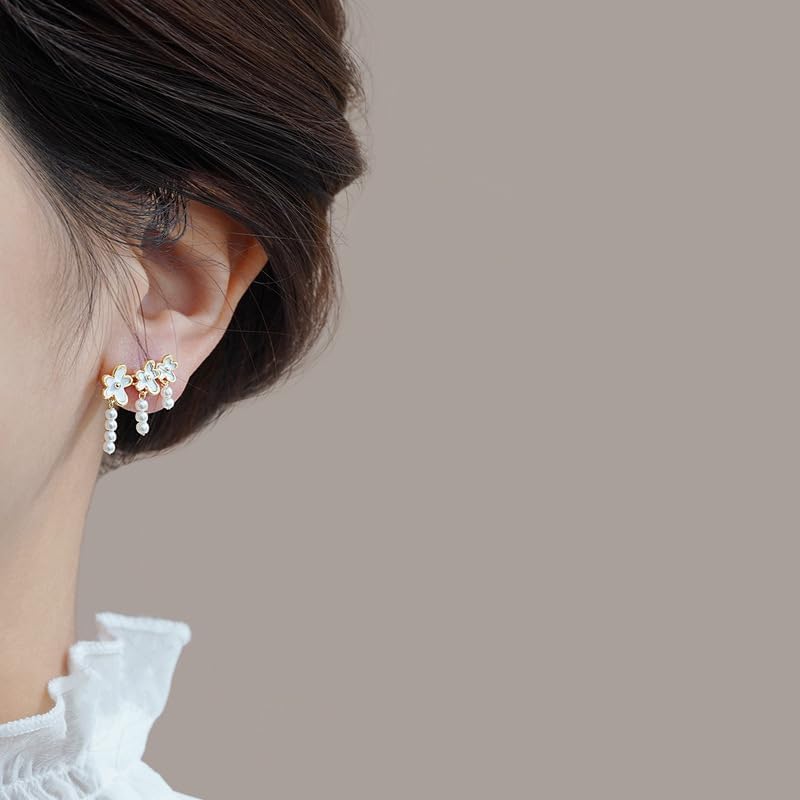 W WEILIRIAN Boho Pearl Dangle Earrings Black Flower Climber Earrings Vintage Pearl Drop Earrings Pearl Bead Earrings Jewelry for Women - Image 7