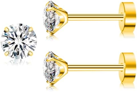 Artskin 3 paar titanium kubieke zirkonia oorknopjes voor vrouwen mannen CZ oorbel studs hypoallergene platte achterkant oorbellen zilveren meisjes oorbel studs set voor kraakbeen 3mm-5mm, 3mm 4mm 5mm