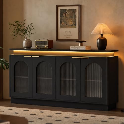 Image of LKTART 65.3 inch Sideboard Buffet Cabinet with Arched Doors,LED Lights,Black