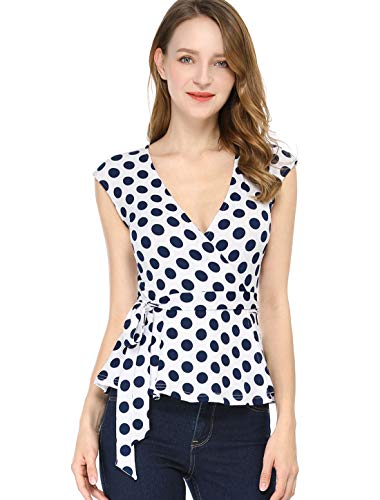 Allegra K Women's Chrismas Sleeveless Elegant V Neck Self Tie Front Polka Dots Wrap Top