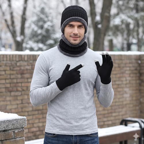 Image of Winter Knit Beanie, Hat, Neck Warmer Scarf and Woolen Gloves Set - Skull Cap for Men & Women (3 Piece)