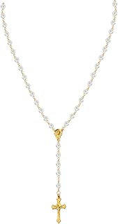 Gold Rosary Necklace Rosary Beads Catholic for Women First Holy Communion Rosary Gifts Pearl Beaded Necklace Rosarios Catolicos for Women Girls