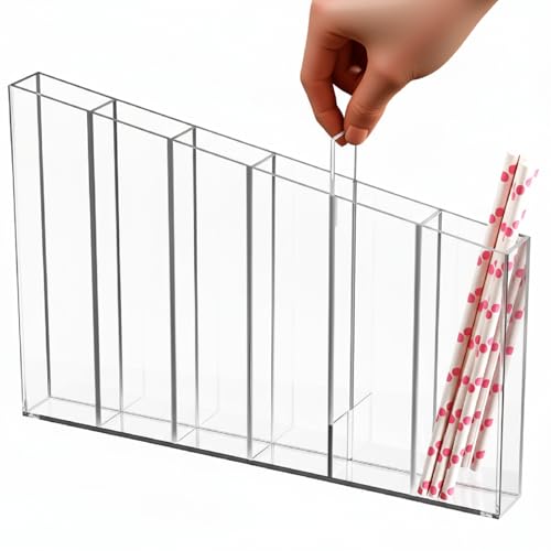 Honeydak Clear Acrylic Straw Holder Cupboard Straw Organizer for Cabinet Door Different Height Dispenser Adhesive Reusable Storage for Kitchen Counter Cupboard, 11.8 x 7.8 x 1.2 Inches