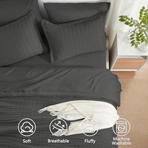 SunStyle Home Seersucker Full/Queen Size Comforter Sets 7 Pieces, Dark Grey Lightweight Bedding Sets, All Season Bed in a Bag with Sheets, Pillowcase and Pillow Shams