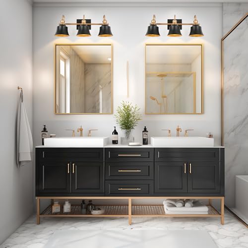 Image of KSANA Bathroom Light Fixtures, 3 Light Vanity Lighting Fixtures Over Mirror, Modern Farmhouse Vanity Lights for Bathroom, Bedroom, Matte Black and Dark Gold Finish