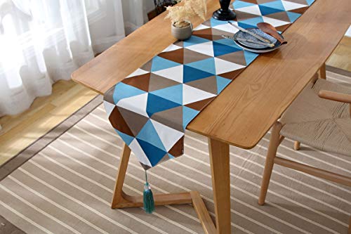 Chemin de table rectangulaire bleu avec extrémité triangle et pompon