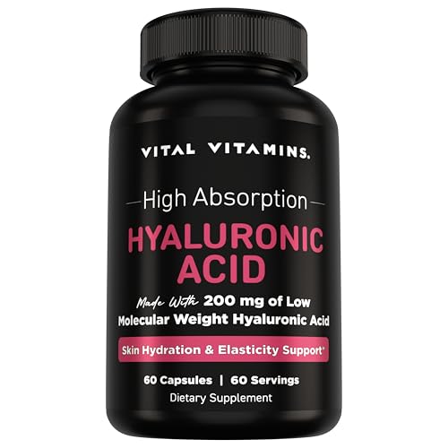 Vital Vitamins Hyaluronic Acid Supplements - Made with 200mg of Low Molecular Weight Hyaluronic Acid - Supports Skin Hydration & Elasticity from Within - 60 Capsules 60 Servings
