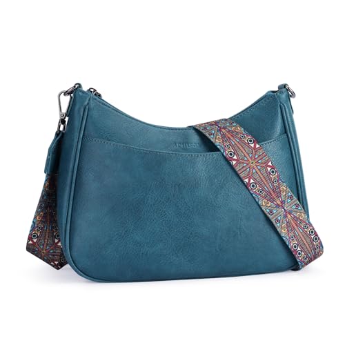 APHISON Klein Umhängetasche Damen Crossbody Bag mit Breitem Gurt Schultertasche veganem Leder blau Handtasche Tasche mit Abnehmbarem Schultergurt Kartenschlitz Reisetasche