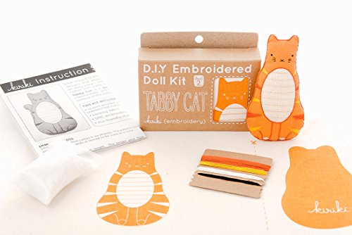 Image of Kiriki Press DIY Embroidery Doll Kit - Skill Level 2 - Beginner to Advanced Embroidery Kits for Adults Teens (3 Skill Levels) Animal Embroidery Kit - Screen Printed Pattern (Tabby Cat - Level 2)