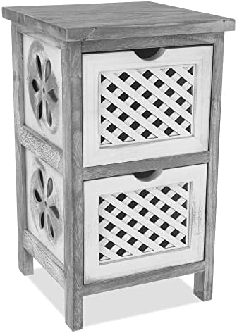 LIVIVO 'MINERVA' Grey Wooden Storage Tower Furniture Unit With Rattan Style Woven Box Baskets Ideal for Bedroom Office Bathroom (2 Drawer)