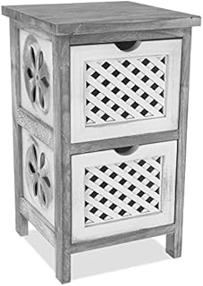 LIVIVO 'MINERVA' Grey Wooden Storage Tower Furniture Unit With Rattan Style Woven Box Baskets Ideal for Bedroom Office Bathroom (2 Drawer)