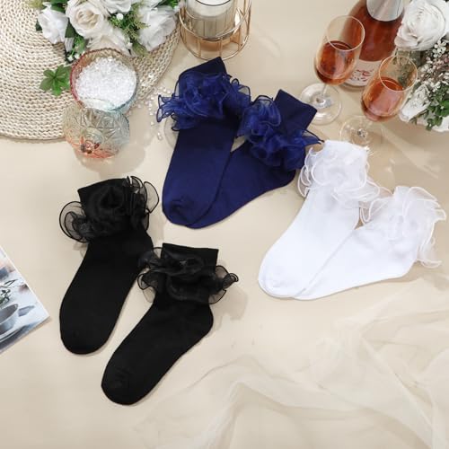 Geyoga 3 Pairs Women Big Ruffle Socks Turn Cuff, Double Lace Ankle Cotton Frilly Socks for Ladies Halloween4