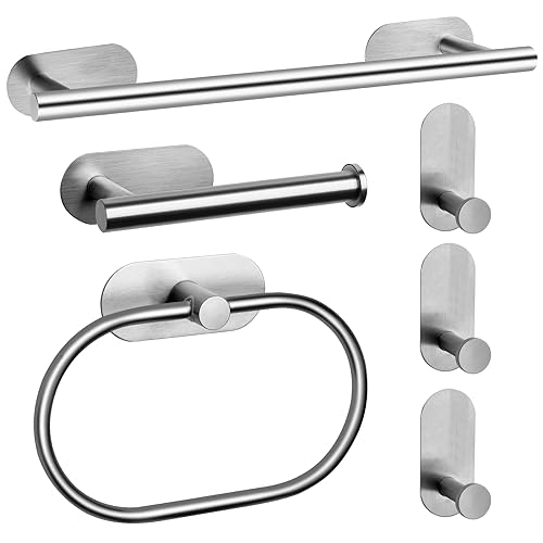 JiGiU Self Adhesive Towel Rail Bathroom Hardware Set Include 40cm Bath Towel holder,Toilet Paper Holder Towel Ring & 3 Packs Towel Hooks Stainless Steel Wall Mounted No Drill Sticky on Towel Rack Kit