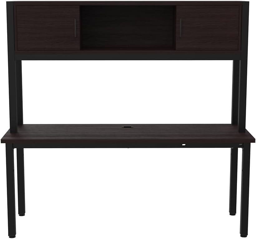 NBF 72” Credenza Desk w/Hutch – Industrial Office Desk with Open, Concealed Storage, Cable Management Grommet - Laminate Cortez Workstation for Home Office Use, 72" W x 24" D, Natural