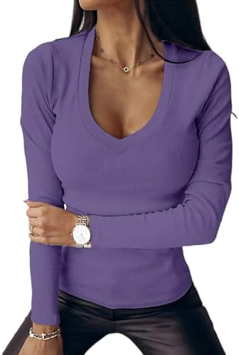 Chicrise Langarmshirt Damen V Ausschnitt Pullover Langarm Basic Eng Ribbed | V-Ausschnitt,Ribbed,Elegant,Langarm,Basic,Oberteile,Slim Fit,Einfarbig,longsleeve,Strick,Herbst,Winter,