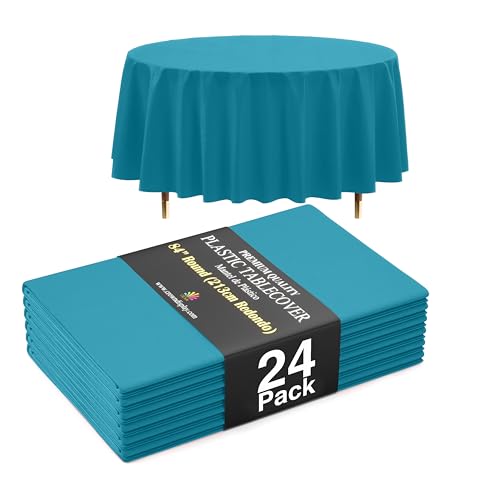 Image of Exquisite 66% Thicker Premium Turquoise Round Tablecloth 0.5 Mil 24 Pack Plastic Table Cloth Disposable 84 Inch Round Plastic Tablecloth Won't Tear Easily Like Cheap Thin Brands