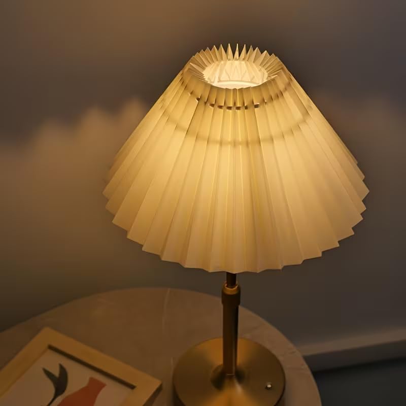 Image of NYRWANA Rechargeable Pleated Table Lamp | 2000mAh Battery | USB Charging | Stepless Dimming | Warm LED Bedside Lamp for Bedroom, Living Room, Study Table & Home Decor (Gold)