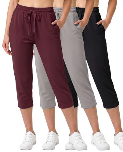 Real Essentials 3er-Pack: Damen Capri-Sweathose mit offenem Boden, weiche Jogginghose mit Kordelzug (in Übergröße erhältlich), Set 8, 3X