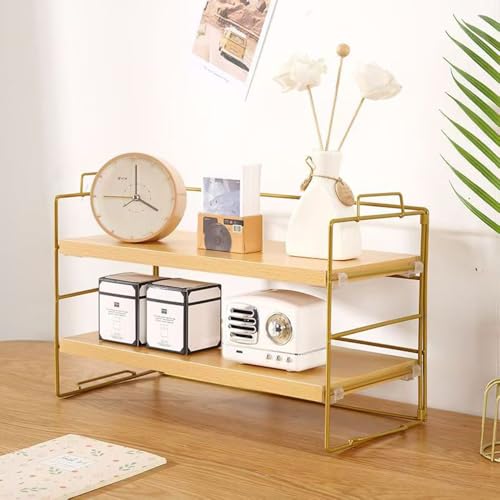 Hbluefat Desktop Organiser Shelf, 2 Tier Adjustable Computer Desk Bookshelf, Small Wood Countertop Bookcase, Dresser Tabletop Display Rack for Home Office (Wood+Gold)