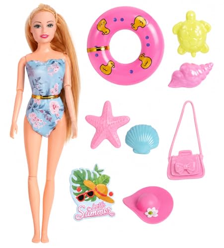 Image of SUPER TOY Summer Beach Fashion Doll for Girls with Long Hair, Movable Joints Stylish Doll Playset with Floating Swim Tube & Accessories for Kids