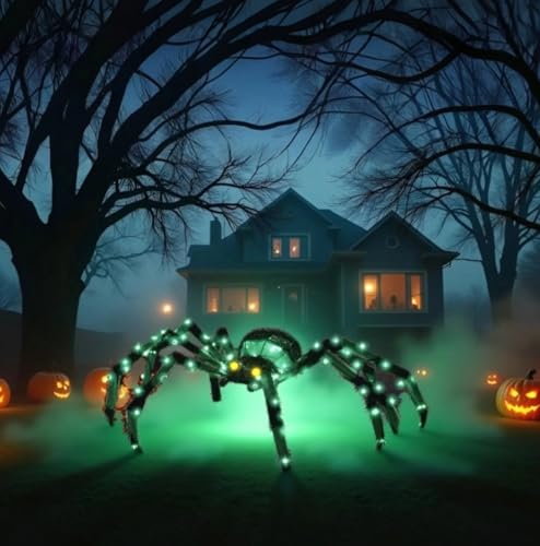4.2Ft Giant Spider Halloween Decorations Outdoor 52 Light Up Spider with 90 LED Lights for Front Yard Porch Garden Lawn Halloween Party (Green)