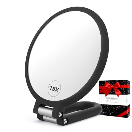 CLSEVXY Magnifying Handheld Mirror Double Sided, 1X 15X Magnification Hand Mirrors, Travel Folding Hand Held Mirror, 360°Rotation Pedestal Makeup Vanity Mirror