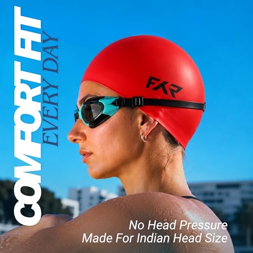 Image of Swimming Cap for Men, Women & Kids 6-14 Boys Girls |100% Silicone Swim Cap for Long Hair| Indian Head Size Cap Comfort (Red Sun, Plain)