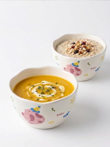 Image of Spooky Cute Ceramic Cereal & Soup Bowls (420ml) | Bowls with Top Waving Design | Microwave Safe Serving Bowls for Ramen, Noodles, Salad, Rice & Breakfast | Katori /Bati /Pyala (Set of 2,Pink Rabbit)