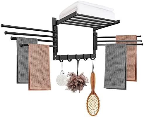 AUROPEAK Clothes Drying Rack Wall Mounted, Laundry Drying Rack Clothing, Drying Racks for Laundry with Swivel Towel Arms and Hanging Hooks, Space Organization for Laundry Room, Bathroom, Aluminum