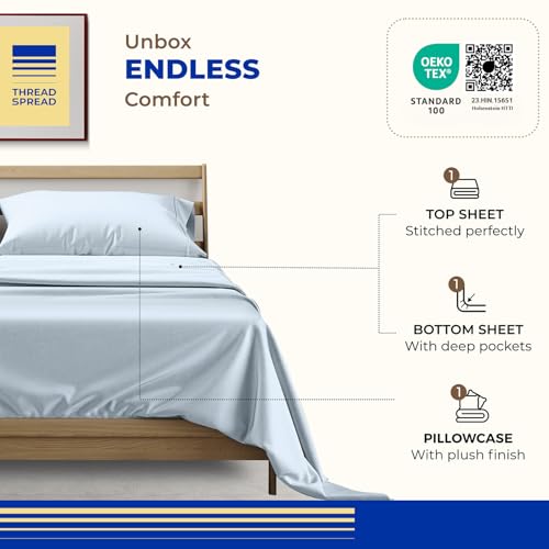 Image of THREAD SPREAD Twin Size Bed Sheets Set, Luxury 1000 Series 100% Egyptian Cotton Sheets Twin Size (3 PC, Light Blue), Silky Soft, Cooling, Sateen Weave, 16 inch Deep Pocket Hotel Quality Sheet Set