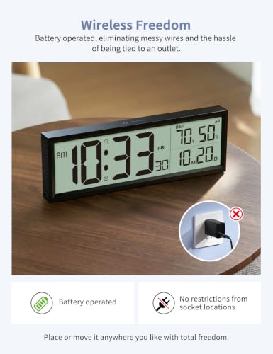 Digital Alarm Clock Battery Operated, 8.5″ Wireless Digital Wall Clock - Image 2
