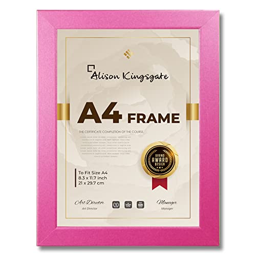 Alison Kingsgate Pink A4 Frame In Size 29.7x21cm - Pink A4 Picture Frame With Clear Perspex Sheet & Wall Mounting Hooks - Display In Portrait or Landscape - A4 Pink Frame (Pink)