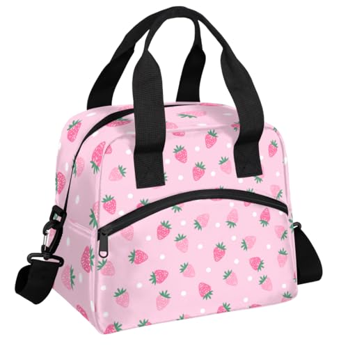 Aglebo Strawberry Dots Pattern Insulated Lunch Bag for Women Men Reusable Lunch Box Cooler Bag Large Leakproof Lunch Tote with Adjustable Shoulder Strap for Adult Work Picnic Camping Beach Office