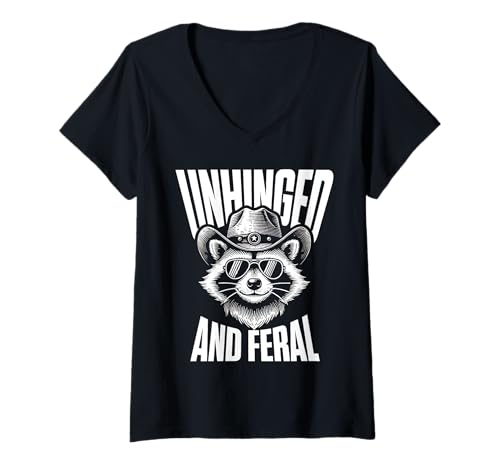 Womens Raccoon Cowboy Unhinged And Feral Funny Trash-Panda Retro V-Neck T-Shirt