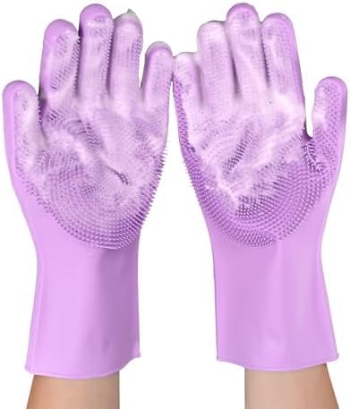Image of Silicone Cleaning Gloves - Reusable Dishwashing Scrubber Gloves with Bristles - Waterproof, Non-Slip, Durable Kitchen Gloves for Washing Dishes, Car, Bathroom Cleaning (Violet, 1 Pair)