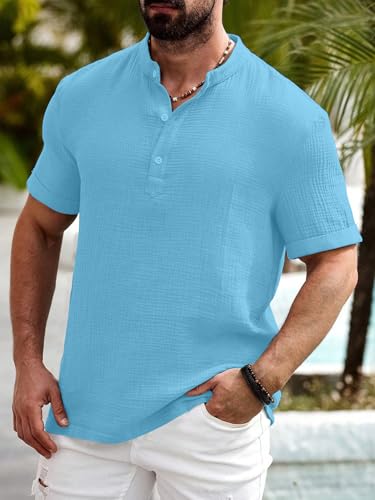 Image of Men Shirt | Black Textured Cotton Blend | Regular Fit Casual Shirt | Half Short Sleeve | Mandarin Chinese Collar | Button Down | Summer Office Wear | Stylish Shirt for Men