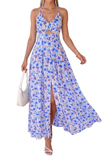 BTFBM Summer Dresses for Women 2026 Spring Floral Spaghetti Strap Smocked Cutout Maxi Dress Resort Beach Vacation Outfit(Floral Blue, Large)