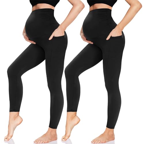 QGGQDD Maternity Leggings Over Bump with Pockets High Waisted Pregnancy Leggings for Women Gym Yoga Pants(Black*2 M)