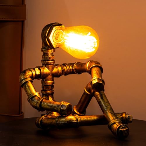 Image of Steampunk Table Lamp, Vintage Industrial Metal Robot Table lamp, Water Pipe Table Lamp, Steam Punk Pipe Lamp Style Desktop Light for Bar Cafe Desktop Room Decoration