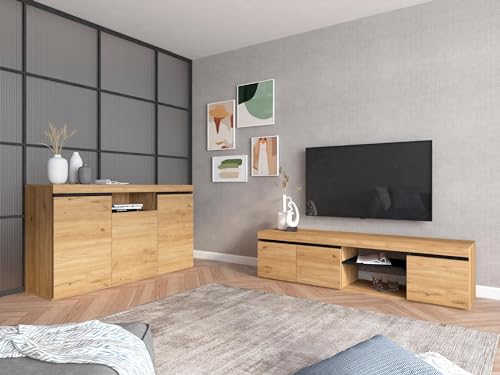 Skraut Home – TV-Schrank – Naturemodell – 160 x 40 x 41 cm – Beistellschrank 3 Türen und 1 zentralem Regal – Nordischer Stil – Melamin – Eiche und Schwarz