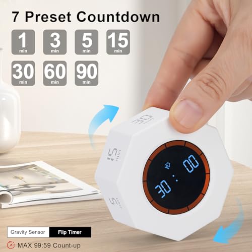 Image of Small Rechargeable Pomodoro Timer, Gravity Sensor Auto-Rotating 7 Preset Times (1 /3 /5 /15 /30 /60 /90 min) & Count Up Mode, Digital Kitchen Timers for Cooking, Work and Study (Pearl White)