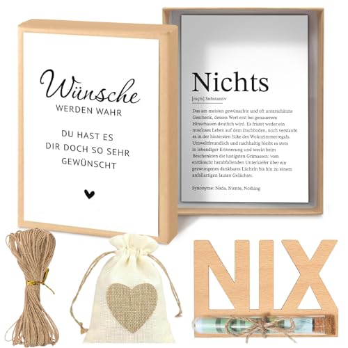 Nichts Geschenk - Nix Geschenk zum Geburtstag Inklusive Wunschkarten Cremeweißer Sack Kunststoff Reagenzglas NIX Holzkarte Grußkarte Geschenkbox für Geburtstag Hochzeit Geld Abschluss Weihnachten