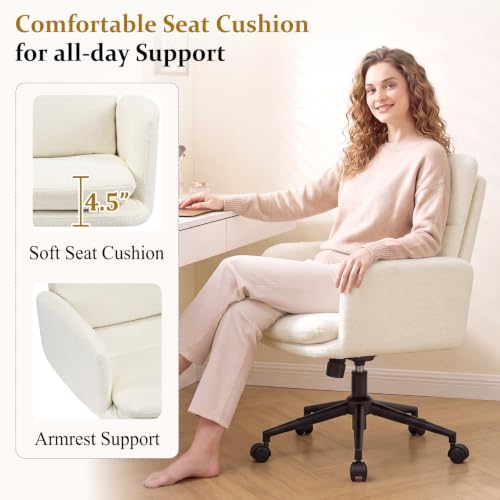 Image of Home Office Chair with Plush Curved Back Support, Wide Seat Computer Desk Chair with Rolling Wheels, Swivel Tilt & Height Adjustable, Soft Fabric Upholstery with Sturdy Metal Base, Ivory white