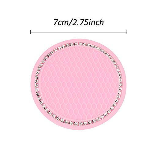 4 Pack Bling Car Coasters, 2.75 Inch Bling Crystal Rhinestone Soft Rubber Universal Anti-Slip Glitter Cup Mats Auto Cup Holder Insert Drink Coaster Car Interior Decoration For Women Girls Pink #TOP3