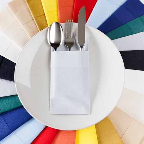 AH AMERICAN HOMESTEAD Paper Dinner Napkins - Linen Type Wedding Napkins with Cutlery Pocket - Prefolded Disposable 15.7 x 15.7 Size (White, 100)