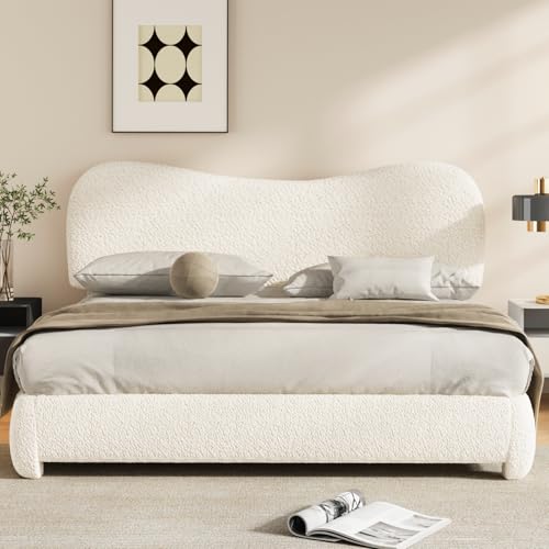 Image of Klippehop 4ft6 Double Boucle Bed Frame Double Upholstered Platform Bed with Curved Adjustable Headboard, No Box Spring Needed (Beige, 4ft6 Double)
