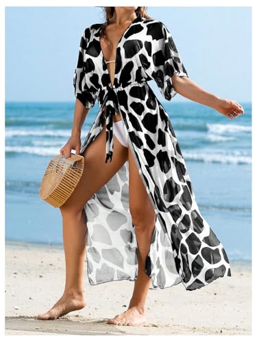 OYOANGLE Women's Bathing Suit Cover Ups Cow Print Belted Lightweight Kimono Cardigans Coverups Swimwear3