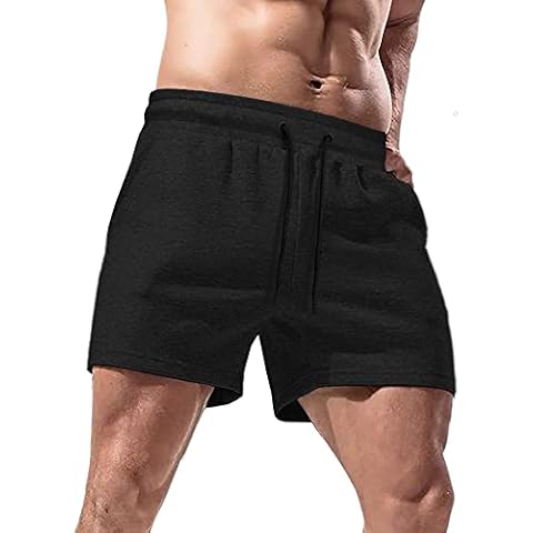 Lehmanlin Men's Cotton Running Shorts with Pockets 5 Inch Workout Bodybuilding Training Shorts(Black-L) Cover