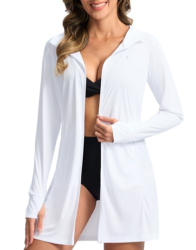 Soothfeel Women's UPF 50+ Swim Cover Up Sun Protection Hoodie SPF Lightweight Jacket Long Sleeve Beach Cover Ups for Women (White,XL)