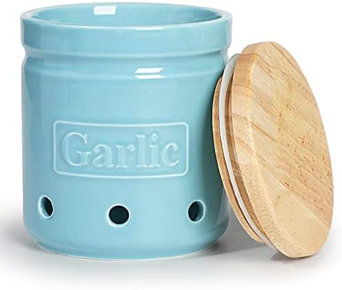 ONTUBE Porcelain Garlic Keeper with Lid, Ceramic Garlic Saver 4.5-Inch (Turquoise)